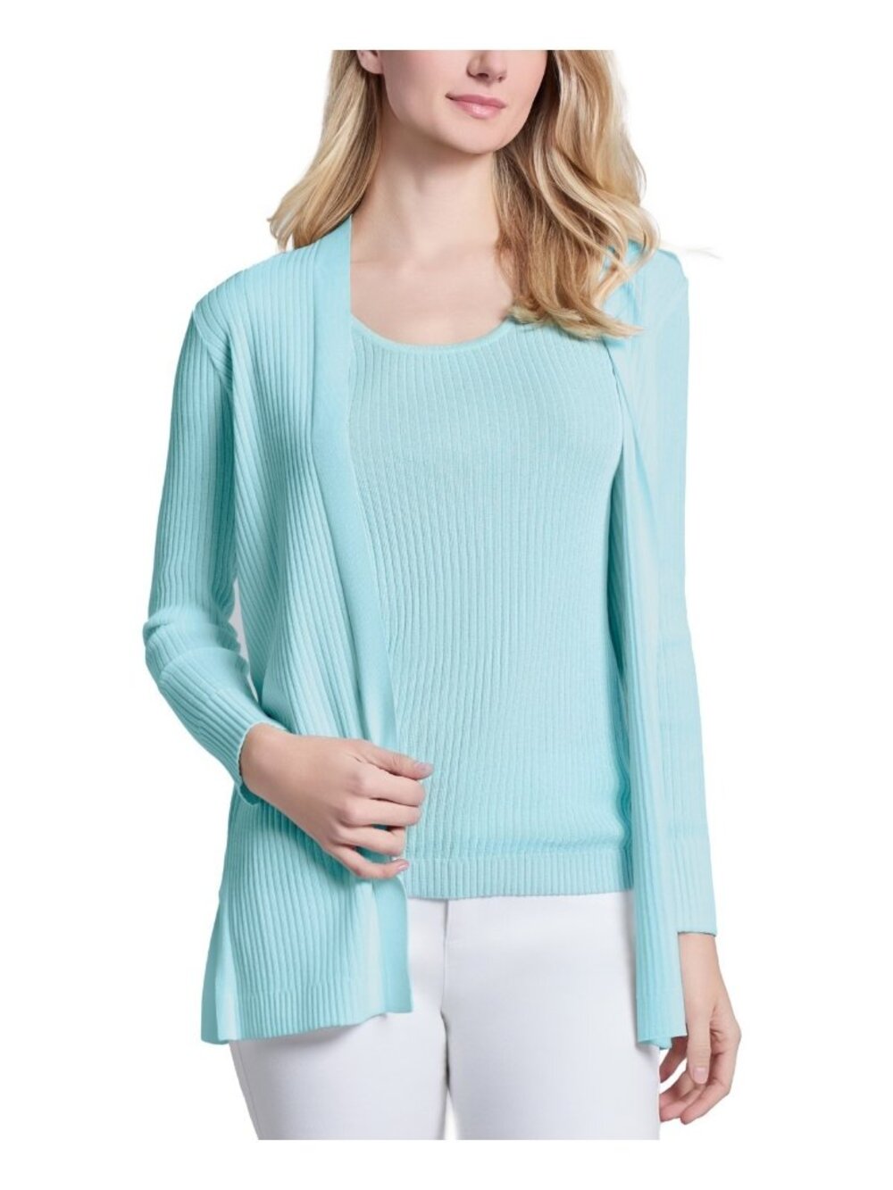 Jones New York Women Long-Sleeve Side-Slit Cardigan Sweater Blue Aqua Size S $90